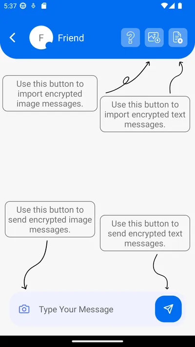 Conversation screen with buttons to send and import encrypted messages