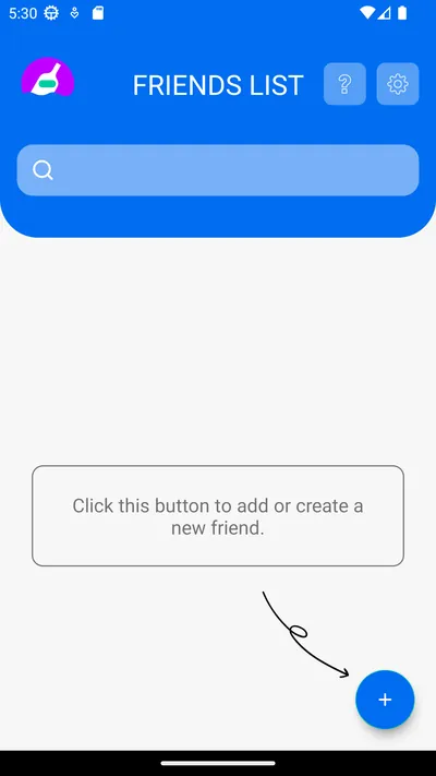Empty friends list with the button to add a new friend