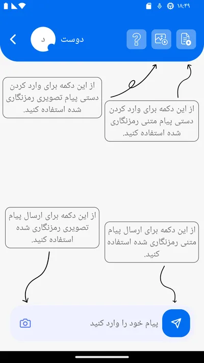 صفحه گفتگو با دکمه‌های ارسال و دریافت پیام‌های رمزگذاری‌شده